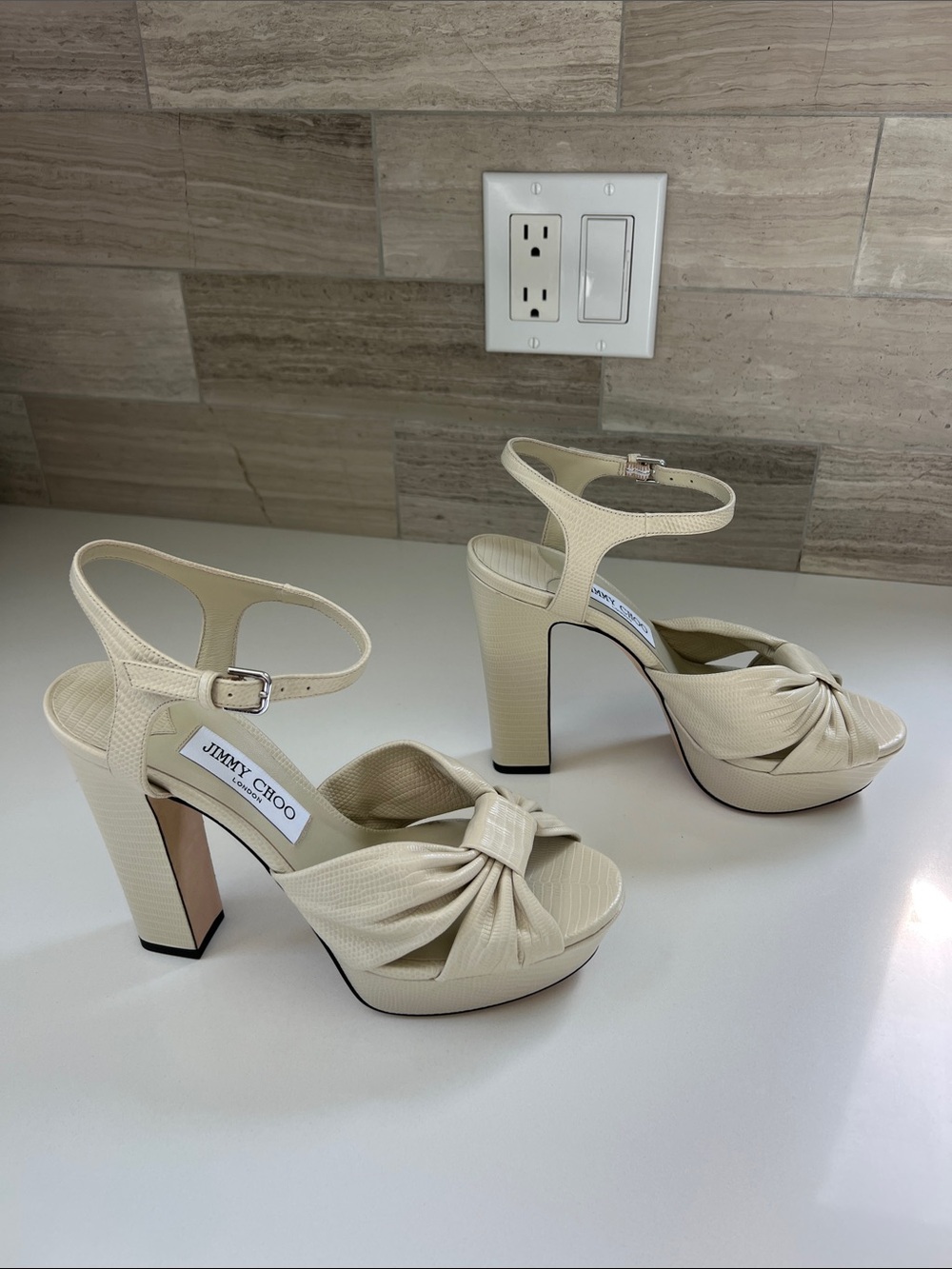 Jimmy Choo heloise 120 bamboo cream light tan soft lizard printed leather heels - Picture 11 of 12
